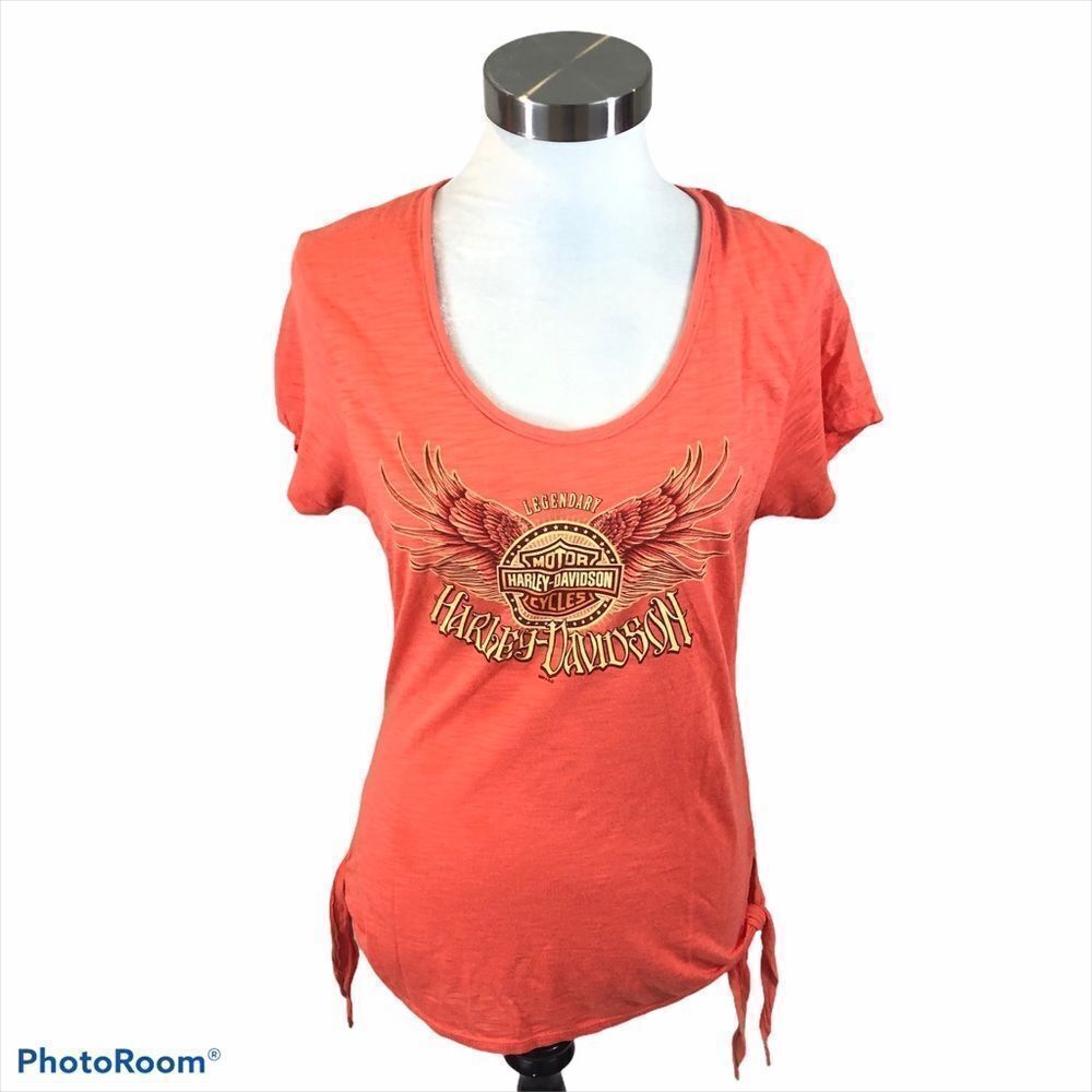 Ladies Coral Harley Davidson Side Tie Tee Shirt‎
